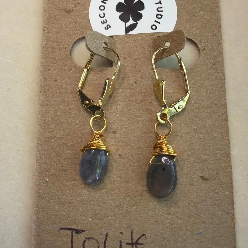 Blue Iolite Drop Earrings, Wire Wrapped, Artisan, 18K Gold Plated Leverbacks